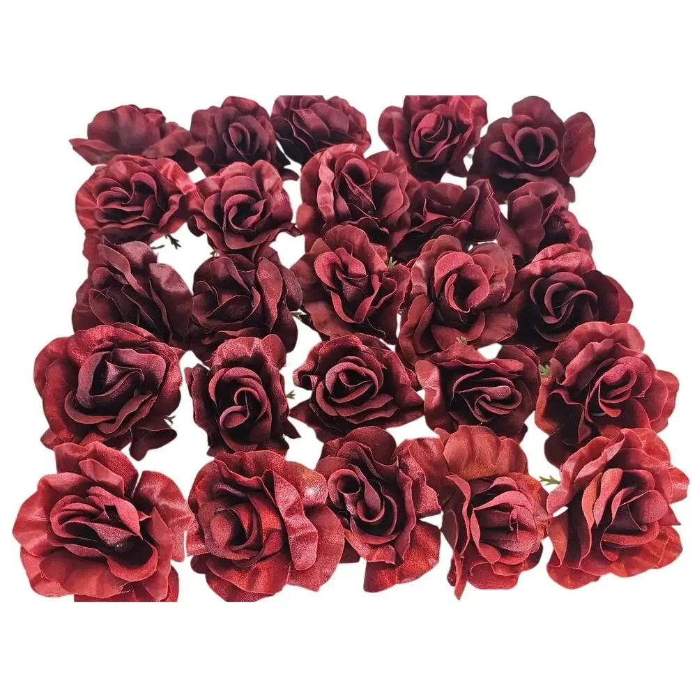 50 Burgundy Red Satin Rose Heads Stemless Wedding Floral Craft DIY 2.5in Flowers